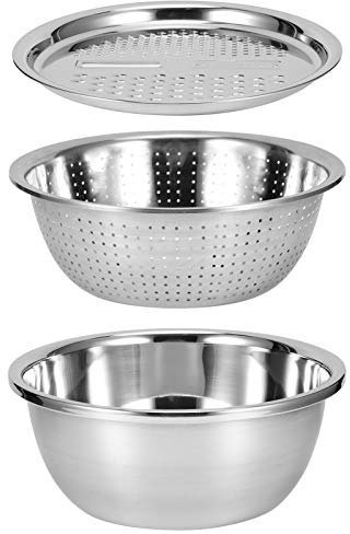 3 in 1 Mixing Bowls Set, Stainless Steel Stackable Strainer Bowl Set with Grater Vegetable Washing Bowl Set Strainer Salad Fruit Rice Washing Draining Bracket Drain Basin Grater Kitchen Tools