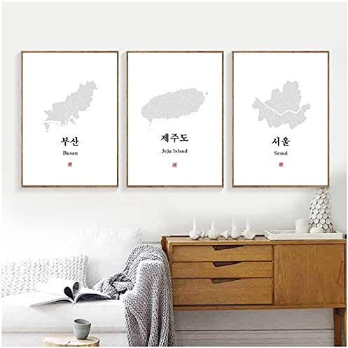 BINGJIACAI Seoul Korea Stadtplan Wandkunst Bild Druck Koreanische Buchstaben Leinwand Malerei Busan & Jeju Insel Karte Süd Poster Home Decor-40x60cmx3 Ungerahmt
