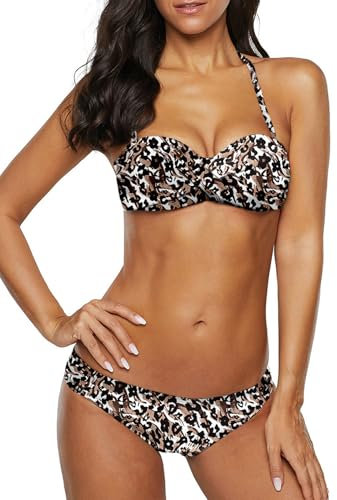 Dokotoo Bandeau Bikini Damen Push Up Zweiteilige Badeanzug Bademode Bikini Set, 03-Leopard, XXL