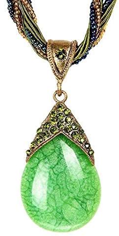 ODETOJOY Bohemian Necklace for Women Waterdrop Stone Color Bead Choker Necklace Hand-woven Jewellery Statement Necklaces Boho Gem Pendant (Green)