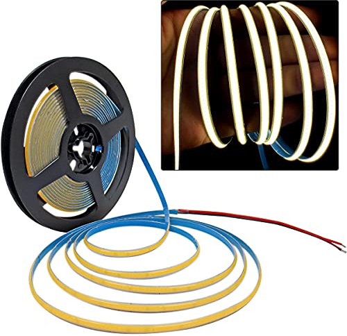 Tesfish LED Streifen Lichts 24V, 5mm Breit Ultra Dünn Band COB Natürliches Weiß 4000K 5M 480 LEDs/M Insgesamt 2400 LEDs Neon Licht Lichtleisten Leiste für Party, Theke, Regal, Wohnkultur