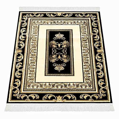 Premium Teppich Kurzflor Kurzflorteppich Wohnzimmer Schlafzimmer Esszimmer in schwarz Gold - Mäander Pegasus Design Vintage mit Fransen Seidenglanz 100% Viskose Rutschfest öko tex - 100x140 cm
