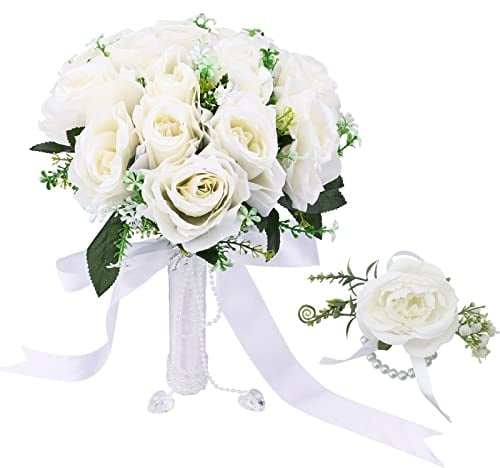 Brautstrauss and Handgelenk Rose,Hochzeit Blumenstrauß Koreanischen Stil weiß Gefälschte Braut Bouquet Blume Künstlich mit Strass (weiß-1)