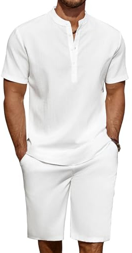 COOFANDY Men's 2 Pieces Linen Set Casual Henley Shirts Short Sleeve Beach Yoga Shorts Summer Pants Outfits