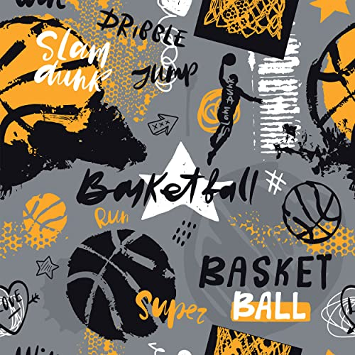 decomonkey Fototapete selbstklebend Kinder Kinderzimmer Tapetenrolle 10 m Tapete Vliestapete Deko Panel Modern Design Wanddeko Wandtapete | Schwarz Basketball Jugend Orange Grau