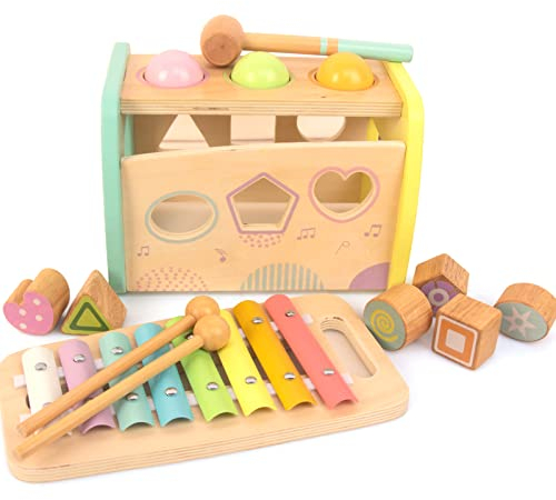 Xylophon und Hammerspiel Spielzeug ab 1 Jahr, 3 in 1 Montessori Pädagogisches Vorschullernen Musikspielzeug Holzspielzeug ab 1 Jahr Lernspielzeug Motorikspielzeug Geschenk 2 3 4 5 6 Jahre (Gelb)