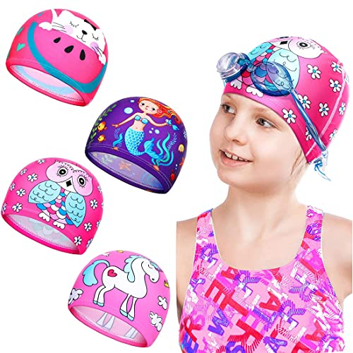 4 Stück Badekappen Elastische Schwimmkappe für Kinder Lange Haare Badehaube Nylon Schwimmhaube Unisex Bademütze (Lieblicher Stil)