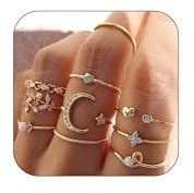 HUASAI Goldfarbene stapelbare Ringe für Damen, läuft nicht an, niedliche Ringe für Teenager, trendige Sachen, Boho, Mond, Stern, Schmetterling, Ringe, stapelbar, Knöchel, Fingerringe, Set, (A)
