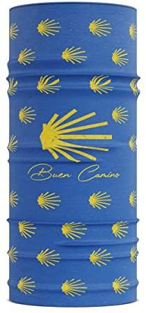 Buen Camino Multifunktionstuch blau/gelb – Ultraleichtes Schlauchtuch für den Jakobsweg, Bandana mit Cooling Effekt, schnelltrocknend, nahtlos, atmungsaktiv