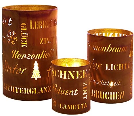 Spetebo Metall Weihnachts Windlicht 3er Set 20/15 / 10 cm - Sprüche - Deko Tischlaterne in Rost Optik - Tisch Kerzen Laterne Halter mit Lichtspiel Weihnachten Advent Stimmungslicht