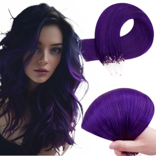 RUNATURE Microring Extensions Echthaar 45cm Lila Extensions Echthaar Microring Unsichtbar Haarverlangerung Echthaar Microring 1g Lila Echte Haar 25 Strähnen 25g #Purple