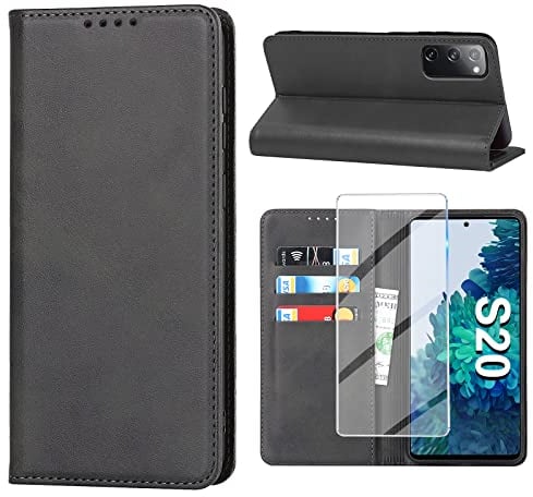 Handyhülle für Samsung Galaxy S20 Hülle mit Panzerglas Schutzfolie, Schutzhülle S20 Leder Wallet Kartenfach Standfunktion Stoßfest Klapphülle Hüllen Galaxy S20 6.2 Zoll Case Cover Klappbar (Schwarz)