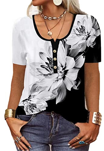 GRMLRPT T-Shirt à Manches Courtes Femme Col V Blouses Femmes Mode Imprimé Tunique Tops Lâche Chemisier pour Femme Basiques Haut(Noir-2,L)