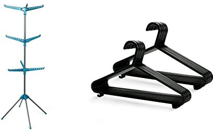 Beldray LA039552TQEU 9 Arm Clothes and Garment Airer Dryer, Holds up to 15 KG, Turquoise & KEPLIN Adult Plastic Coat Hangers - 25pk, Black Colour, Strong Clothes Hangers