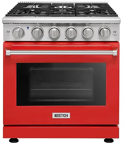 KOSTCH 30-inch Professional Freestanding Pro-Style Natural Gas Range or Liquid Propane Gas Range with 5 Burners, 4.55 cu.ft. Oven Capacity, in Stainless Steel - KOS-30RG03M (Red)