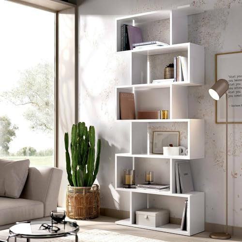 Dmora Libreria Misma, Scaffale da Ufficio Multiuso, Mobile Biblioteca portalibri a 5 Ripiani, 80x25h190 cm, Bianco Lucido