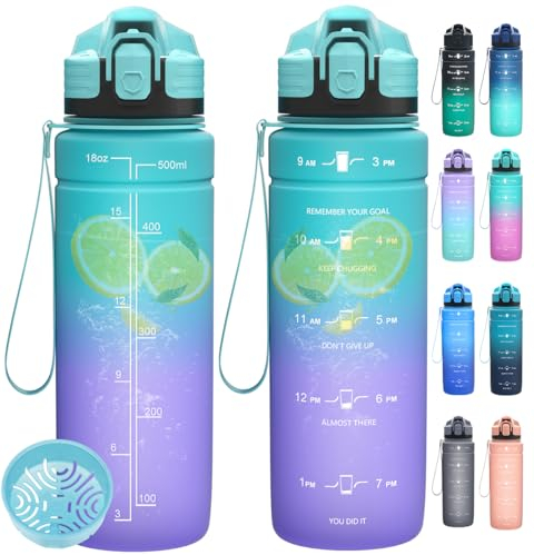 Dosurer Botella de agua deportiva, 1 l, 700 ml, 500 ml, botella de agua a prueba de fugas, botella de agua con marcas de tiempo motivacionales y filtro, botella deportiva Tritan sin BPA para escuela,
