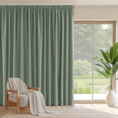 PONY DANCE Wohnzimmer Gardinen für Große Fenster Thermovorhang mit Kräuselband 1er Set H 245 x B 300 cm Verdunklungsgardine für Schiene Wärmeisolierender Vorhang Raumteiler, Salbeigrün