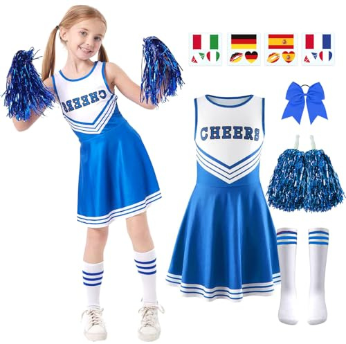 songyea 5er Set Cheerleader Kostüm Kinder,Cheerleading Uniform Kleid,Cheerleadering Outfit Mädchen mit Pompoms,Socken,Tattoo-Aufkleber und Kopfschmuck,Kinder Cheerleadering für Karneval Party