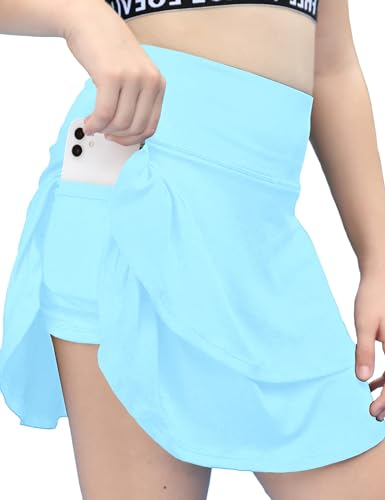 Haloumoning Mädchen Rock Sommer Tennisrock für Kinder Faltenrock Sport Skater Skorts Röcke A-Linie Geschichtet Rüsche Golfrock mit Taschen Blau 12-13 Jahre