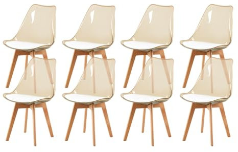EGGREE 8er-Set Skandinavische SGS-geprüfte Esszimmerstühle, 8 Braune Transparente Küchenstühle mit Massiven Buchenbeinen und Weißem PU-Leder Sitzkissen
