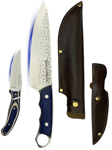 Kochmesser Hackmesser Küchenmesser-Set Edelstahlgriff (Silber) Blau, Jagdmesser-Set (mit Holster) Kochmesser Hackmesser Fleischermesser Kochmesser Serbisches Küchenmesser Metzger-Küchenmesser