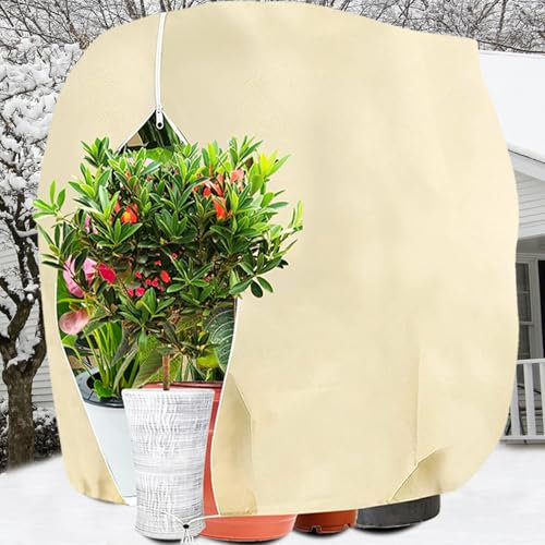 PHUSTJKL Winterschutz für Pflanzen, Winterschutz für Kübelpflanzen Frostschutz, Atmungsaktiv Wiederverwendbar Pflanzenschutzhaube mit Zugband für Balkonpflanzen - Beige, 120x140cm