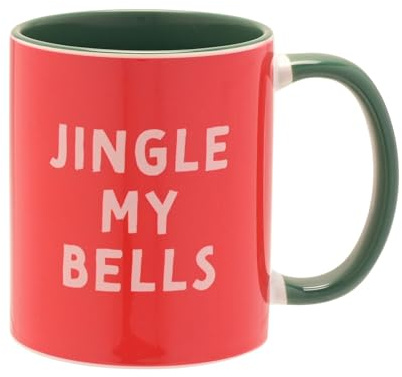 The Seasonal Gift Co - 'Jingle My Bells' Red/Green Handled Mug 11oz / 312ml - Whimsical Christmas Gifting & Homeware Present for Tea, Coffee & Holiday Festive Drinking. | Fun ceramic slogan mug with colourful handle, 312ml capacity for tea, coffee and hot chocolate, ideal as a novelty gift