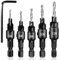 5 PCS Countersink Drill Bit Set, Tool Steel Countersink, Woodworking Countersink Drill Bits, Hex Shank Adjustable Countersink Plug Cutter, (#5, 6, 8, 10, 12) Replaceable Drill Bits with One Hex Wrench
