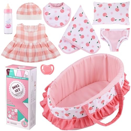 GAGAKU Baby Doll Accessories, 12 Inch Baby Doll Carrier Cot, 30cm Baby Doll Accessories Cot, Including Magic Baby Bottle, Bib, Pacifier, Clothes, Diaper