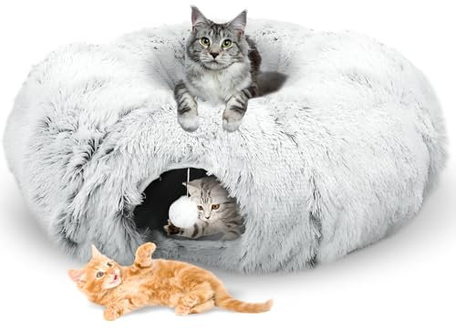 Katzentunnel Rund Plüsch, Katzentunnel Rund mit Schlafplatz, Katzentunnel Bett XXL, Runder Katzentunnel, Katzentunnel Große Katzen mit Abnehmbarer Matte und Schüttelbällen, Hellgrau