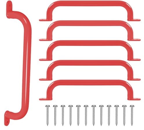 ESPETS 17 Inch 6 Pieces Red Steel Handles for Outdoor Playground Accessories- Swing Set Attachment Grab Bars, Playset Safety Handles, Indoor Monkey Bars for Jungle Gym, Playhouse, Climbing Frame