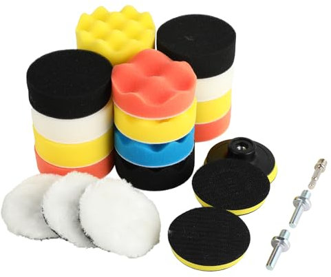 Juego de 25 almohadillas para pulir automóviles, juego de almohadillas de algodón para pulir de 80 mm con adaptador de broca, almohadillas de lana para pulir, lijar y encerar automóviles