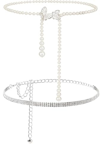 XIAQICA 2 Cinture Vita Catena con Strass + Farfalla Perla, 110cm Donna Cintura Vita Catena Regolabile Brillantini Argento Moda per Abito da Sera, Vestito, Jeans