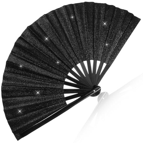 2 Pcs Folding Hand Fan, Glitter Large Bamboo Folding Clack Hand Fan Nylon-Cloth Vintage Retro Fabric Fans for Women/Men Wedding Party Favor Performance Dance Home Decorations Festival Gift 25(1 Pc)