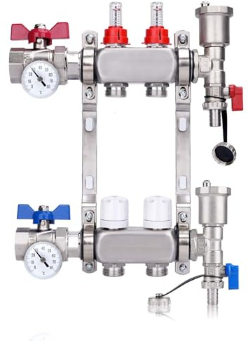 2 Heizkreise Heizkreisverteiler mit 1 Kugelhähne & Thermometer Edelstahl | Anschlüsse für Eurokonus 3/4 | 30x1,5 mm, Fußbodenheizung mit Manueller Entlüfter & Flussmesser Durchflussmesser, HKV Verteil