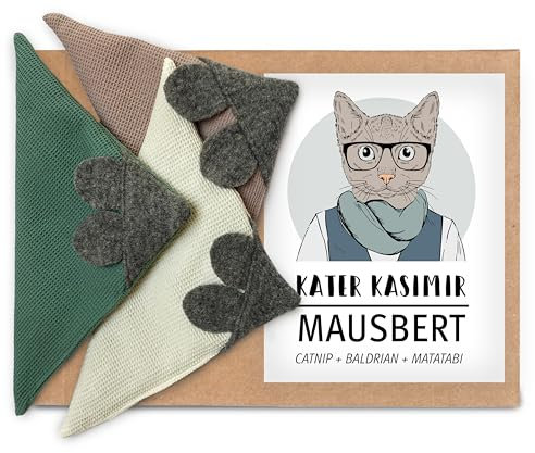 Kater Kasimir 3 handgemachte MAUSBERT Spielmäuse aus Bio-Baumwolle mit Bio-Katzenminze-, Bio-Baldrian- und Matatabi-Füllung. Liebevolle deutsche Handarbeit