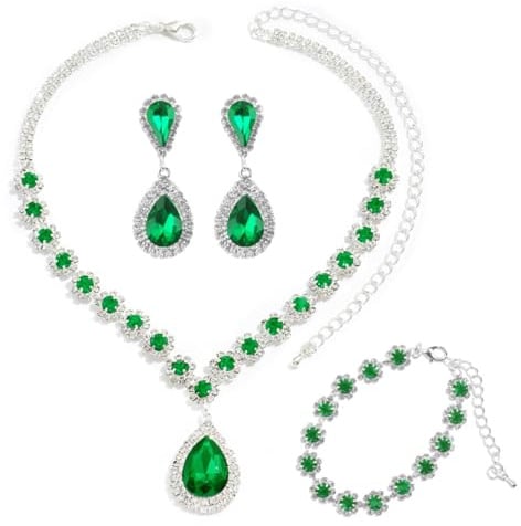 LjFrexia Hochzeit Schmuck-Set für Damen, 3 Stück Strass-Schmuck-Set, Funkelnde Strass Kette Ohrringe Armband, mit Smaragdgrünen Wassertropfen Anhänger, Brautschmuck Set, für Hochzeits und Abendmode