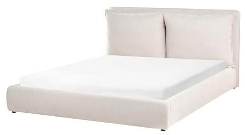 Beliani Modern Fabric EU King Size Bed Frame 5ft3 Upholstered Cushioned Headboard Beige Bajonna