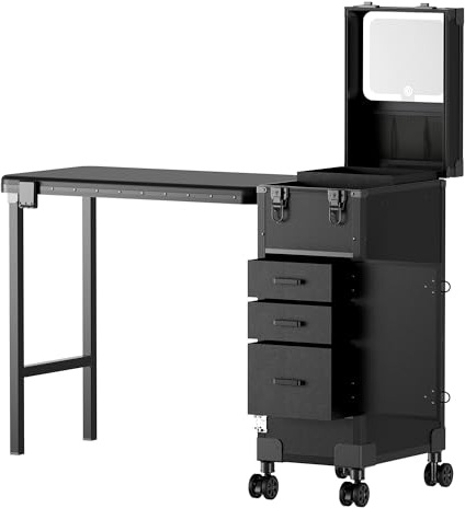 Joiemebi Table de Manucure Portable à roulettes avec 3 Tiroirs, Miroir LED et Organiseur, Trousse de Maquillage Voyage Verrouillable pour Technicien en Ongles, Poste de Travail, Noir