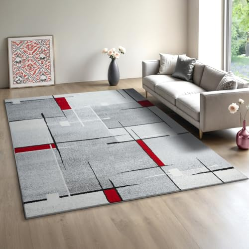 Mia´s Teppiche Modena - Moderner Kurzflor Teppich, Wohnzimmer & Schlafzimmer, weich & pflegeleicht, geometrische Muster, Kariert, Grau Rot, 160 x 220 cm
