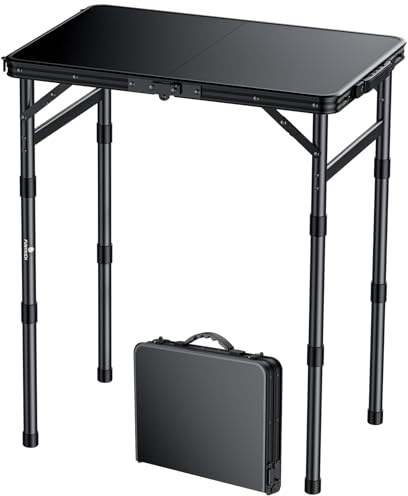 FUNYKICH Campingtisch Klappbar 58x40cm, Höhenverstellbar 26/48/70cm Schwarz | Wasserdichter Kunststoff, Tragbar & leicht, Robust & langlebig Picknicktisch für Camping, Picknick, Balkon, Grillen, Angeln
