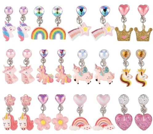 Touosy 12 Paia Orecchini Clip Bambina, Orecchini Pendenti a Clip Colorati, Con Arcobaleno, Amore Fiori e Corona Resina Senza Fori per Ragazze da Vestire, Miglior Regalo per Bambini