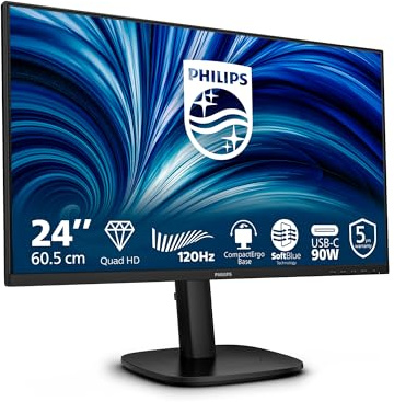 PHILIPS 24B2U3601 24 Zoll WQHD USB Hub Monitor, 120Hz, IPS Panel, 4ms GtG, Adaptive Sync, Höhenverstellung,Lautsprecher,(2560x1440 HDMI 1x 2.1 TMDS DP 1x 1.4) Schwarz