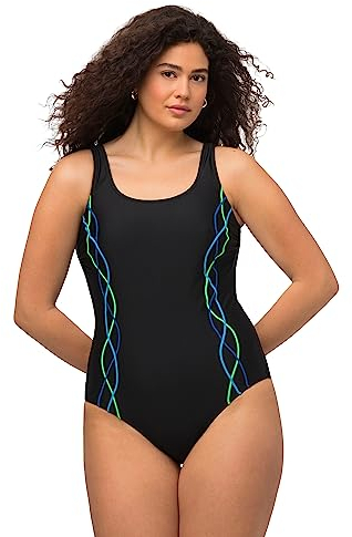 Ulla Popken Damen Badeanzug, Pipings, Unterbrustband, Vorderfutter T-Shirts, Schwarz, 48 EU