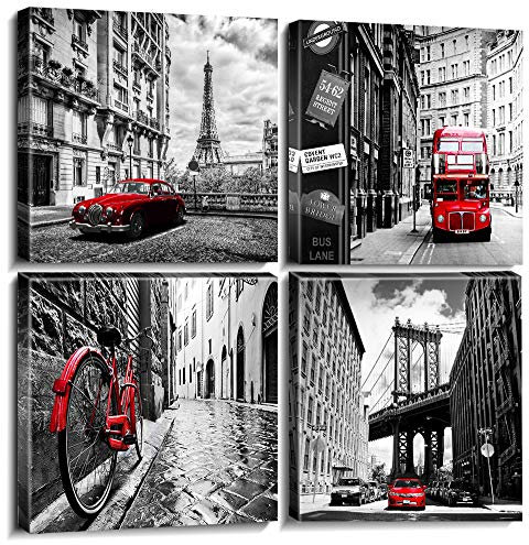 sunfrower Art City Art Wand Schwarz Weiß Stadtbild Leinwandbild Brooklyn Bridge Paris Eiffelturm Italien Shabby Fahrrad London Doppeldecker Buss Classic rot Car Home Office Decor Antik