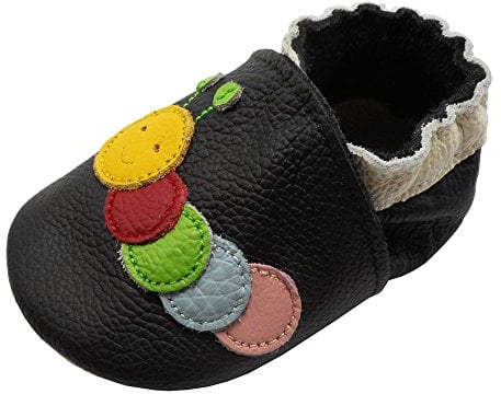 YIHAKIDS Weicher Leder Lauflernschuhe Krabbelschuhe Babyhausschuhe mit Wildledersohlen und Freches Raupe(Size M, 6-12 Monate,Schwarz, 21/22 EU)