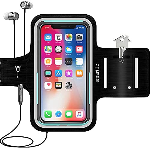 smartlle Arm Phone Holder Running Armband for iPhone 13 12 11 Mini SE X XR XS 8 7 6s 6 Sweatproof Adjustable, Samsung Galaxy S22 21/A/Note, Xiaomi, LG, Huawei, 6.1”, Gym Workout Sport-Armband (Black)