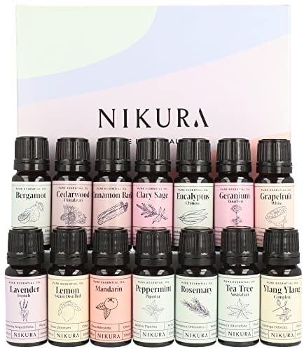 Nikura Professional Essential Oil Gift Set - 14 x 10ml | Essential Oils for Diffuser for Home, Aromatherapy, Rosemary Oil for Hair Growth | Bergamot, Lavender, Lemon, Peppermint, Tea Tree