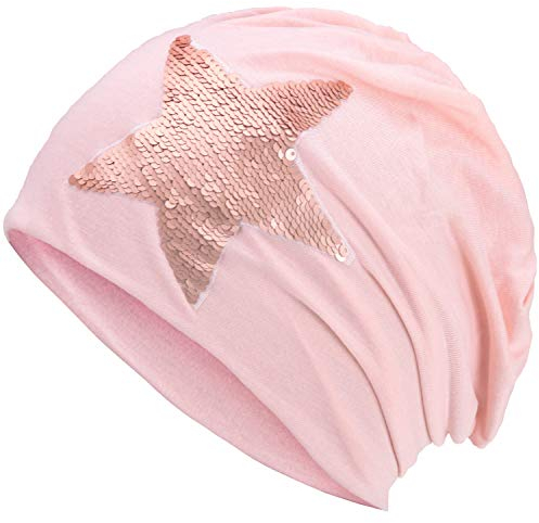 Compagno Slouch Beanie mit Pailletten aus atmungsaktivem, feinem und leichten Jersey Unisex Damen Mütze Haube Boho Bini Mädchen Einheitsgröße, Farbe:Rosa